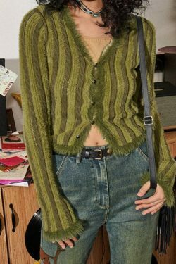 Coquette Aesthetic Contrast Color Vertical Stripe V Neck Cardigan