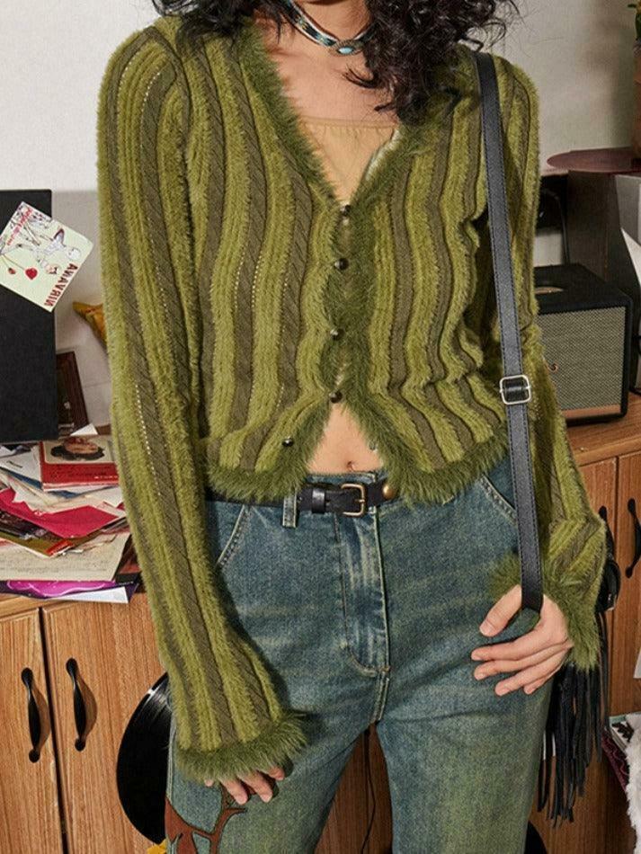 Coquette Aesthetic Contrast Color Vertical Stripe V Neck Cardigan