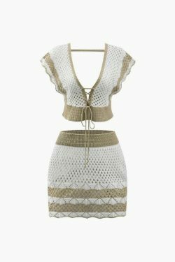 Coquette Aesthetic Contrast Openwork Knit V-Neck Top & Mini Skirt Set - Y2K Fashion Outfit
