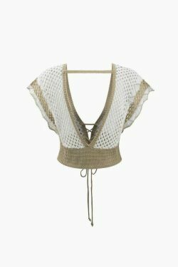 Coquette Aesthetic Contrast Openwork Knit V-Neck Top & Mini Skirt Set - Y2K Fashion Outfit