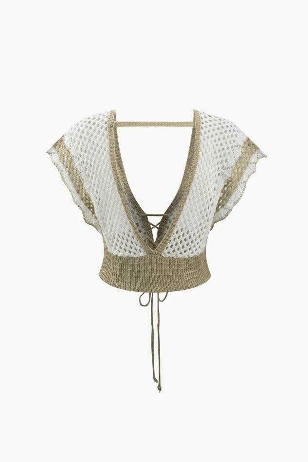 Coquette Aesthetic Contrast Openwork Knit V-Neck Top & Mini Skirt Set - Y2K Fashion Outfit