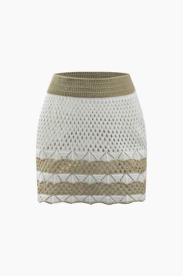 Coquette Aesthetic Contrast Openwork Knit V-Neck Top & Mini Skirt Set - Y2K Fashion Outfit