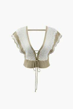 Coquette Aesthetic Contrast Openwork Knit V-Neck Top & Mini Skirt Set - Y2K Fashion Outfit