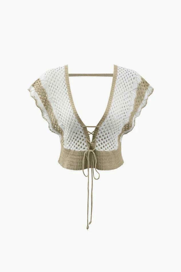 Coquette Aesthetic Contrast Openwork Knit V-Neck Top & Mini Skirt Set - Y2K Fashion Outfit