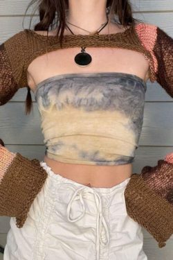 Coquette Aesthetic Contrast Stripe Crochet Top - Y2K Fashion Grunge Style Cute Tops Pastel Goth