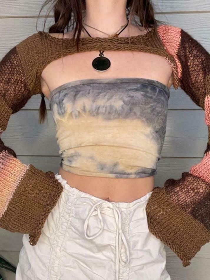 Coquette Aesthetic Contrast Stripe Crochet Top - Y2K Fashion Grunge Style Cute Tops Pastel Goth