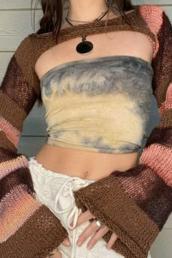 Coquette Aesthetic Contrast Stripe Crochet Top - Y2K Fashion Grunge Style Cute Tops Pastel Goth