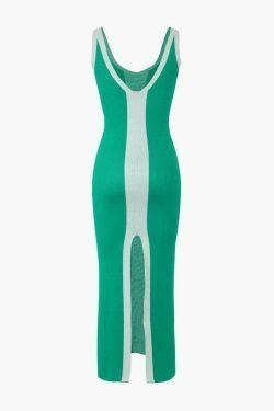 Coquette Aesthetic Contrast V-Neck Slit Knit Midi Dress for Y2K Fashion Enthusiasts