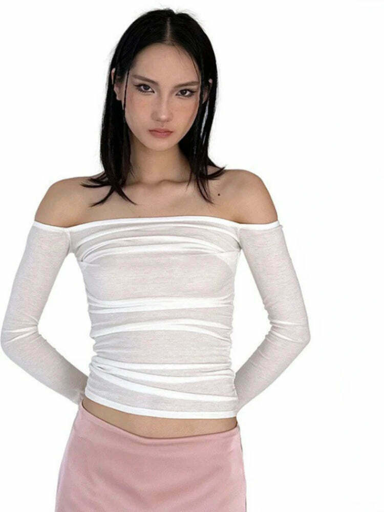 Coquette Aesthetic Creamy Canvas Slash Neck Top - Y2K Fashion Grunge Style Cute Tops
