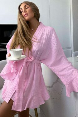 Coquette Aesthetic Crepe Cotton Shirt Pajama Dress - Y2K Fashion Women's Clothing