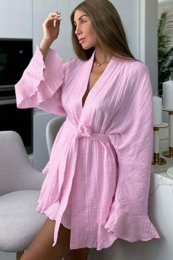 Coquette Aesthetic Crepe Cotton Shirt Pajama Dress - Y2K Fashion Women's Clothing