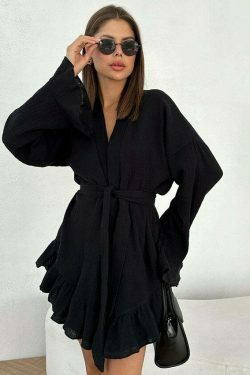 Coquette Aesthetic Crepe Cotton Shirt Pajama Dress - Y2K Fashion Women's Clothing
