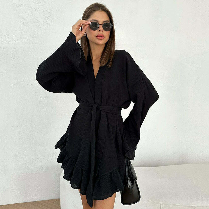Coquette Aesthetic Crepe Cotton Shirt Pajama Dress - Y2K Fashion Women's Clothing Coquette Aesthetic Crepe Cotton Shirt Pajama Dress - Y2K Fashion Women's Clothing