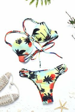 Coquette Aesthetic Criss Cross Backless Coconut Tree Bikini Swimsuit