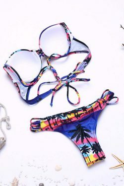 Coquette Aesthetic Criss Cross Backless Coconut Tree Bikini Swimsuit