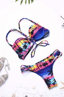Coquette Aesthetic Criss Cross Backless Coconut Tree Bikini Swimsuit