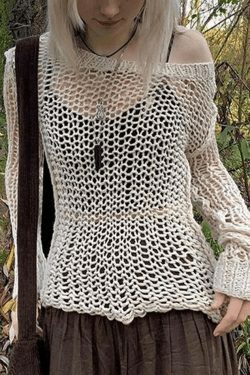 Coquette Aesthetic Crochet Hollow Long Sleeve Knit Top