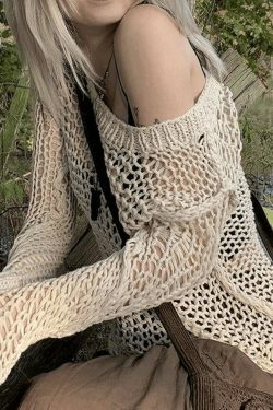 Coquette Aesthetic Crochet Hollow Long Sleeve Knit Top