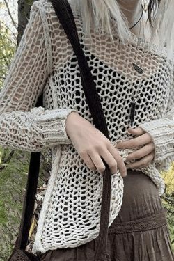 Coquette Aesthetic Crochet Hollow Long Sleeve Knit Top