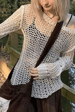 Coquette Aesthetic Crochet Hollow Long Sleeve Knit Top