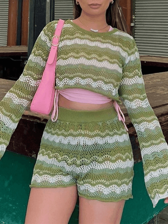 Coquette Aesthetic Crochet Knit Two-Piece Set for Women - Y2K Fashion Outfit