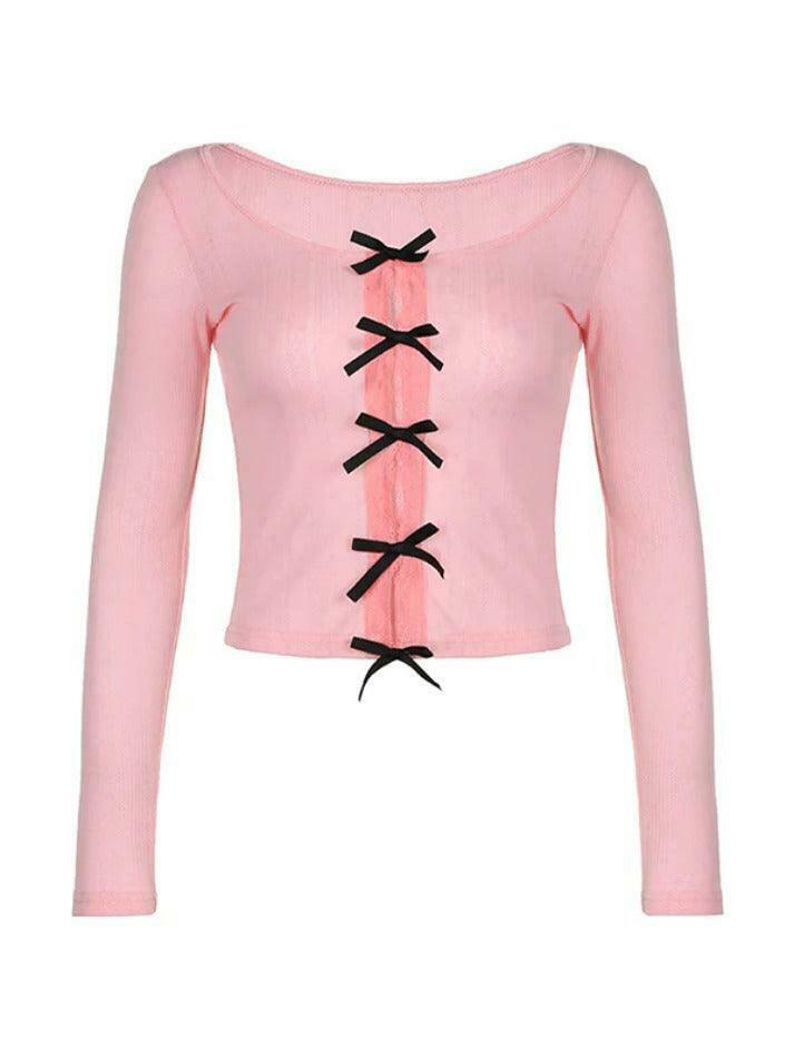 Coquette Aesthetic Cutout Bow Decor Slim Long Sleeve Knit Sweater