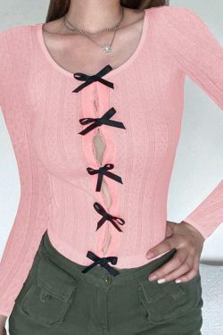 Coquette Aesthetic Cutout Bow Decor Slim Long Sleeve Knit Sweater