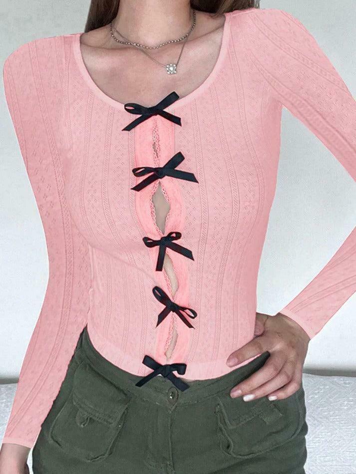 Coquette Aesthetic Cutout Bow Decor Slim Long Sleeve Knit Sweater