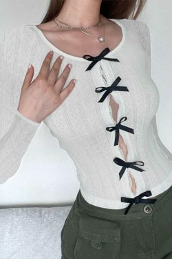 Coquette Aesthetic Cutout Bow Decor Slim Long Sleeve Knit Sweater