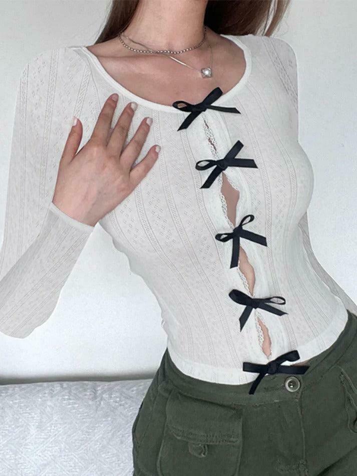 Coquette Aesthetic Cutout Bow Decor Slim Long Sleeve Knit Sweater