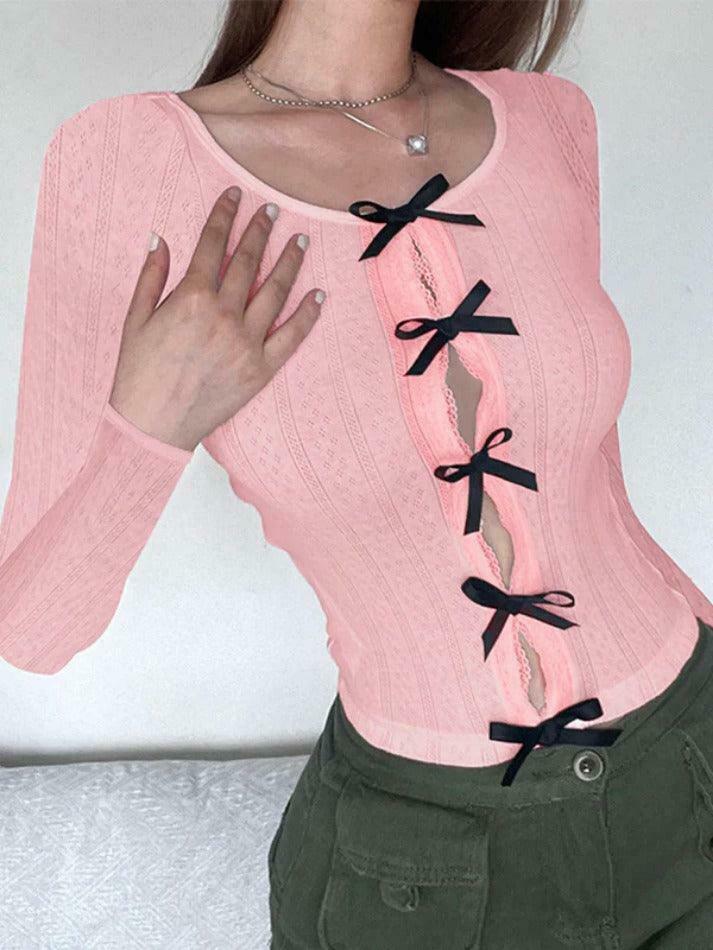 Coquette Aesthetic Cutout Bow Decor Slim Long Sleeve Knit Sweater