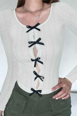 Coquette Aesthetic Cutout Bow Decor Slim Long Sleeve Knit Sweater