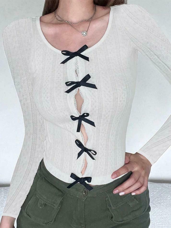 Coquette Aesthetic Cutout Bow Decor Slim Long Sleeve Knit Sweater