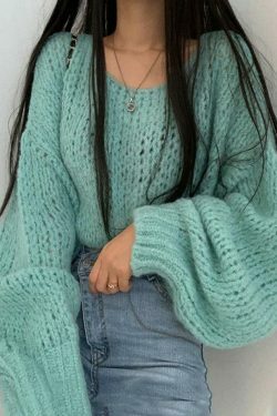Coquette Aesthetic Cutout Lantern Sleeve Baggy Sweater for Y2K Fashion Enthusiasts