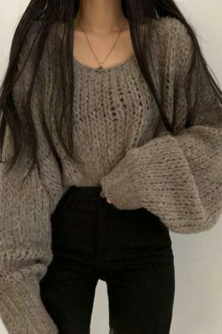 Coquette Aesthetic Cutout Lantern Sleeve Baggy Sweater for Y2K Fashion Enthusiasts