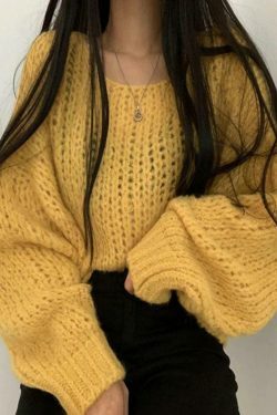 Coquette Aesthetic Cutout Lantern Sleeve Baggy Sweater for Y2K Fashion Enthusiasts