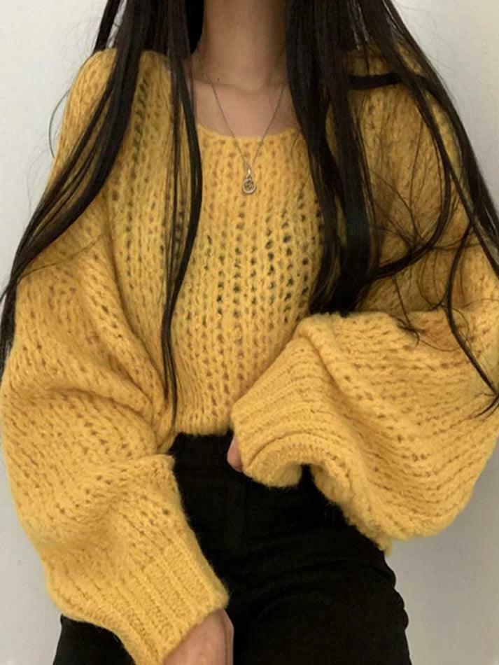 Coquette Aesthetic Cutout Lantern Sleeve Baggy Sweater for Y2K Fashion Enthusiasts