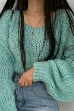 Coquette Aesthetic Cutout Lantern Sleeve Baggy Sweater for Y2K Fashion Enthusiasts