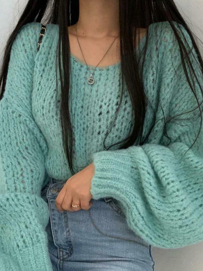 Coquette Aesthetic Cutout Lantern Sleeve Baggy Sweater for Y2K Fashion Enthusiasts
