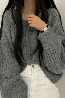 Coquette Aesthetic Cutout Lantern Sleeve Baggy Sweater for Y2K Fashion Enthusiasts