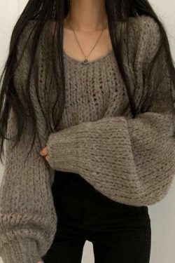 Coquette Aesthetic Cutout Lantern Sleeve Baggy Sweater for Y2K Fashion Enthusiasts