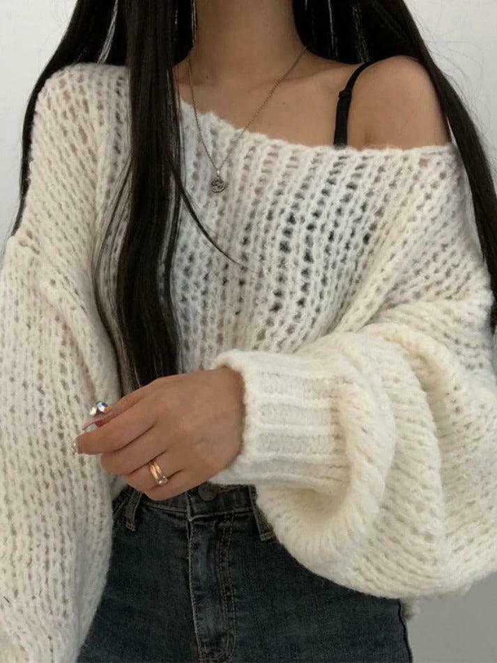 Coquette Aesthetic Cutout Lantern Sleeve Baggy Sweater for Y2K Fashion Enthusiasts