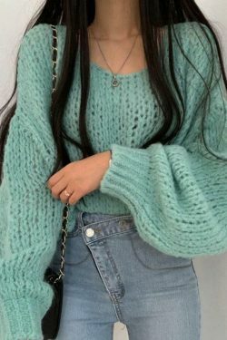 Coquette Aesthetic Cutout Lantern Sleeve Baggy Sweater for Y2K Fashion Enthusiasts
