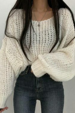 Coquette Aesthetic Cutout Lantern Sleeve Baggy Sweater for Y2K Fashion Enthusiasts