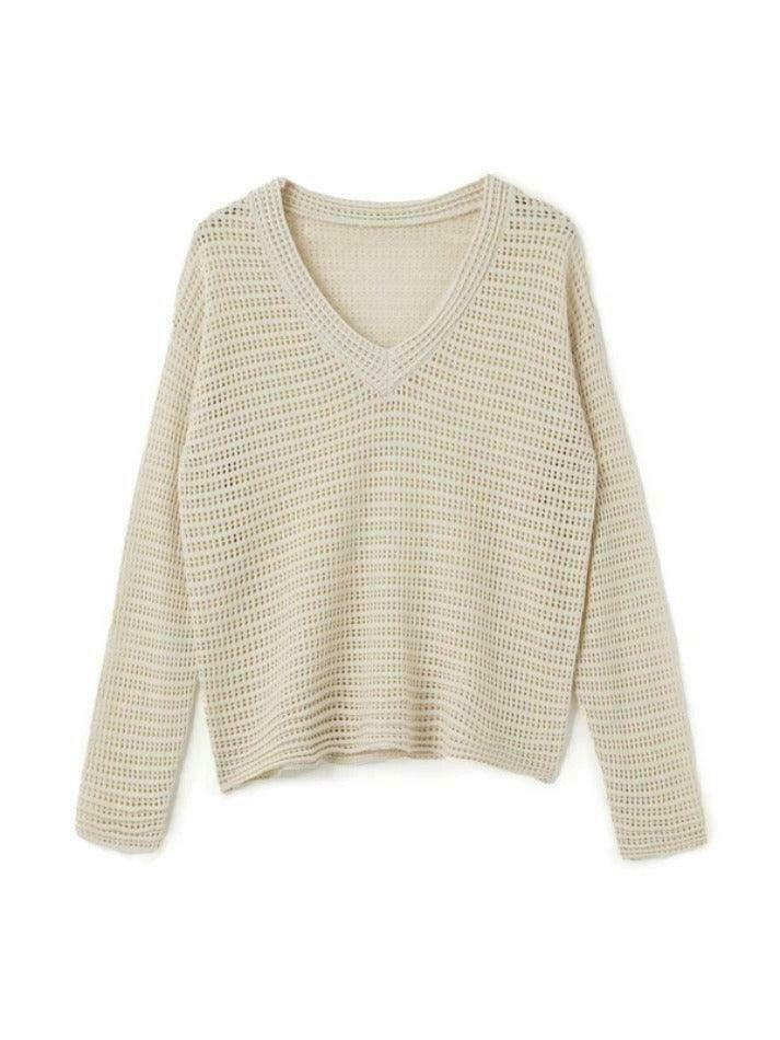 Coquette Aesthetic Cutout V-Neck Knit Sweater - Y2K Fashion Grunge Style Women's Clothing