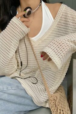 Coquette Aesthetic Cutout V-Neck Knit Sweater - Y2K Fashion Grunge Style Women's Clothing