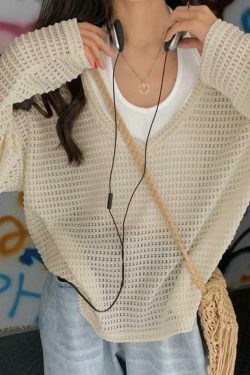 Coquette Aesthetic Cutout V-Neck Knit Sweater - Y2K Fashion Grunge Style Women's Clothing