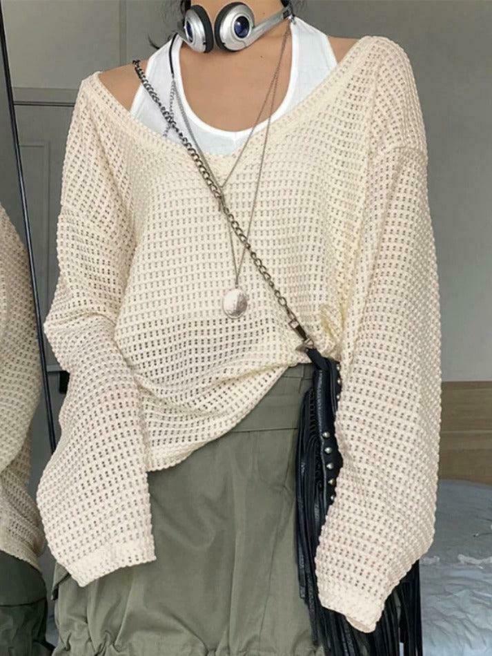 Coquette Aesthetic Cutout V-Neck Knit Sweater - Y2K Fashion Grunge Style Women's Clothing