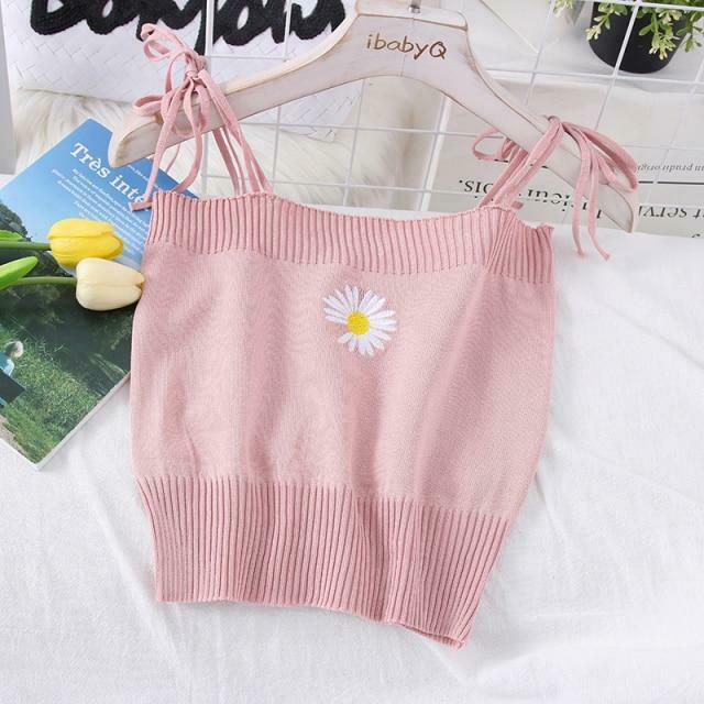 Coquette Aesthetic Daisy Knit Tank Top - Y2K Fashion Women's Clothing