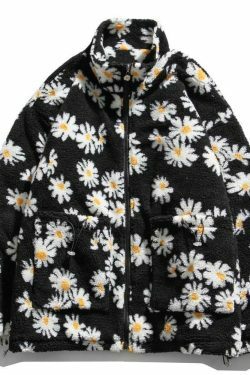 Coquette Aesthetic Daisy Sherpa Jacket - Y2K Fashion Women's Outerwear